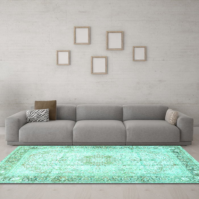 Machine Washable Persian Turquoise Traditional Area Rugs in a Living Room,, wshtr4783turq