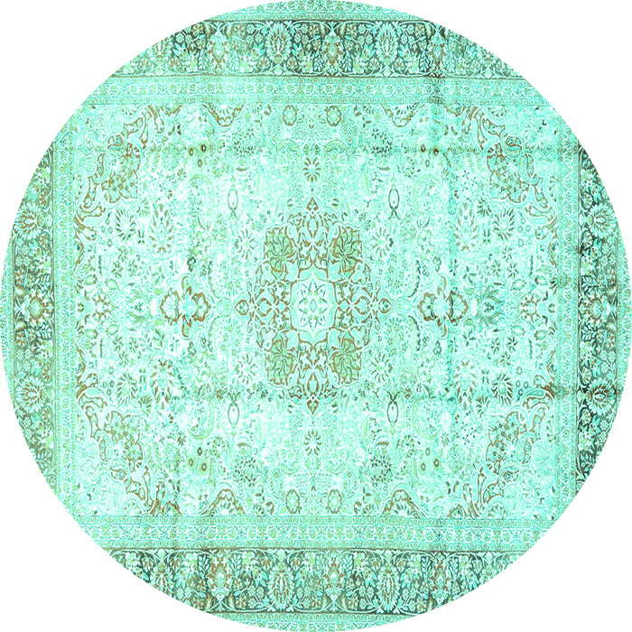 Round Machine Washable Persian Turquoise Traditional Area Rugs, wshtr4783turq