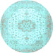 Round Machine Washable Medallion Light Blue Traditional Rug, wshtr4784lblu