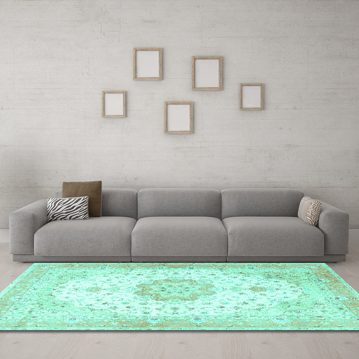 Machine Washable Medallion Turquoise Traditional Area Rugs in a Living Room,, wshtr4784turq