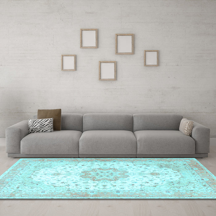 Machine Washable Medallion Light Blue Traditional Rug in a Living Room, wshtr4784lblu