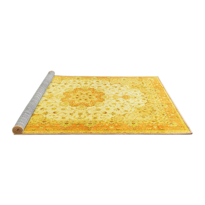Sideview of Machine Washable Medallion Yellow Traditional Rug, wshtr4784yw
