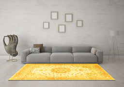 Machine Washable Medallion Yellow Traditional Rug in a Living Room, wshtr4784yw