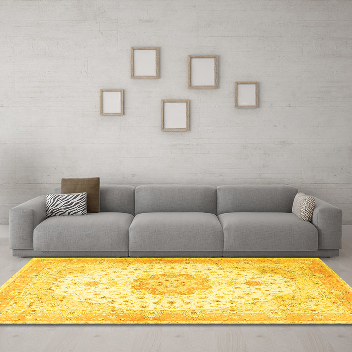 Machine Washable Medallion Yellow Traditional Rug in a Living Room, wshtr4784yw