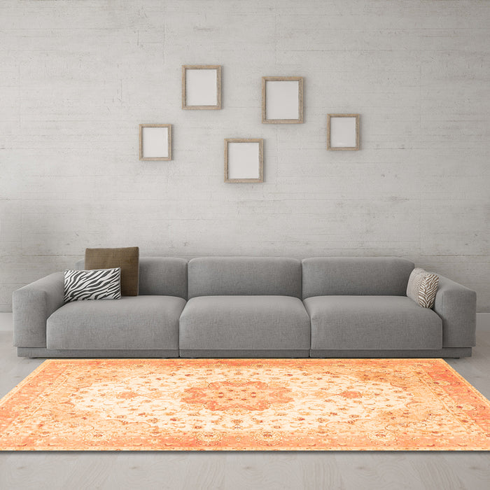 Machine Washable Medallion Orange Traditional Area Rugs in a Living Room, wshtr4784org