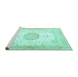 Sideview of Machine Washable Medallion Turquoise Traditional Area Rugs, wshtr4784turq