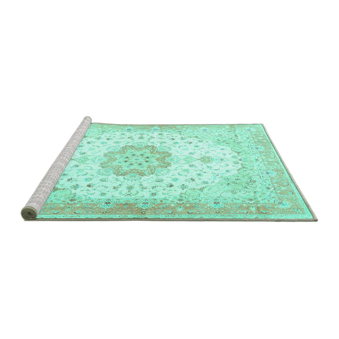 Sideview of Machine Washable Medallion Turquoise Traditional Area Rugs, wshtr4784turq