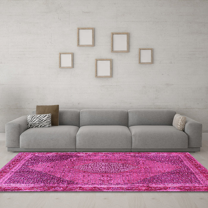 Machine Washable Medallion Pink Traditional Rug in a Living Room, wshtr4785pnk