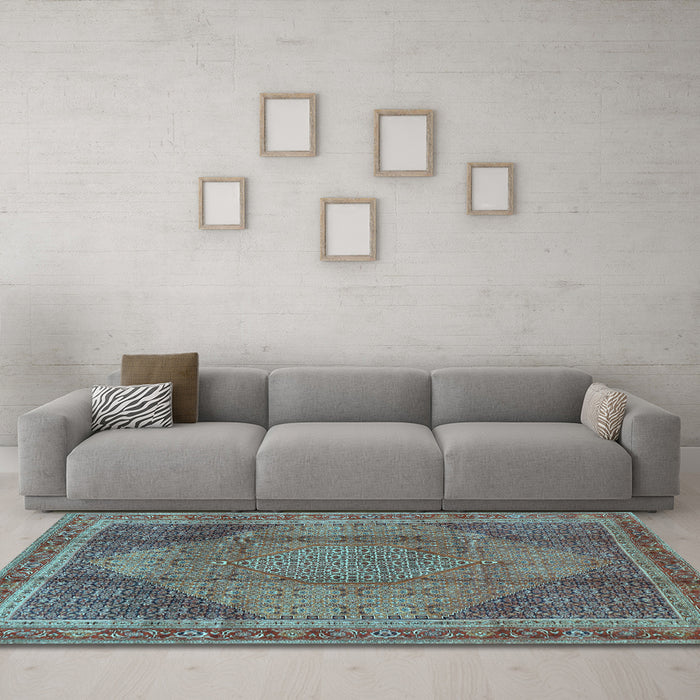 Machine Washable Medallion Light Blue Traditional Rug in a Living Room, wshtr4785lblu