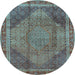 Round Machine Washable Medallion Light Blue Traditional Rug, wshtr4785lblu