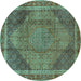 Round Machine Washable Medallion Turquoise Traditional Area Rugs, wshtr4785turq