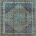 Square Machine Washable Medallion Light Blue Traditional Rug, wshtr4785lblu