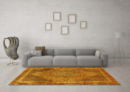 Machine Washable Medallion Yellow Traditional Rug in a Living Room, wshtr4785yw