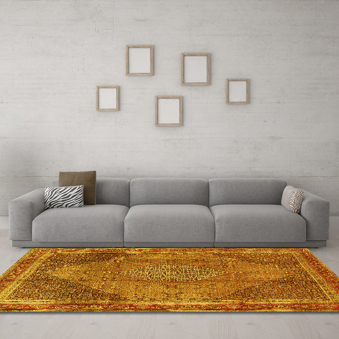 Machine Washable Medallion Yellow Traditional Rug in a Living Room, wshtr4785yw