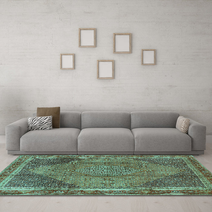 Machine Washable Medallion Turquoise Traditional Area Rugs in a Living Room,, wshtr4785turq