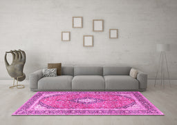 Machine Washable Medallion Pink Traditional Rug in a Living Room, wshtr4786pnk