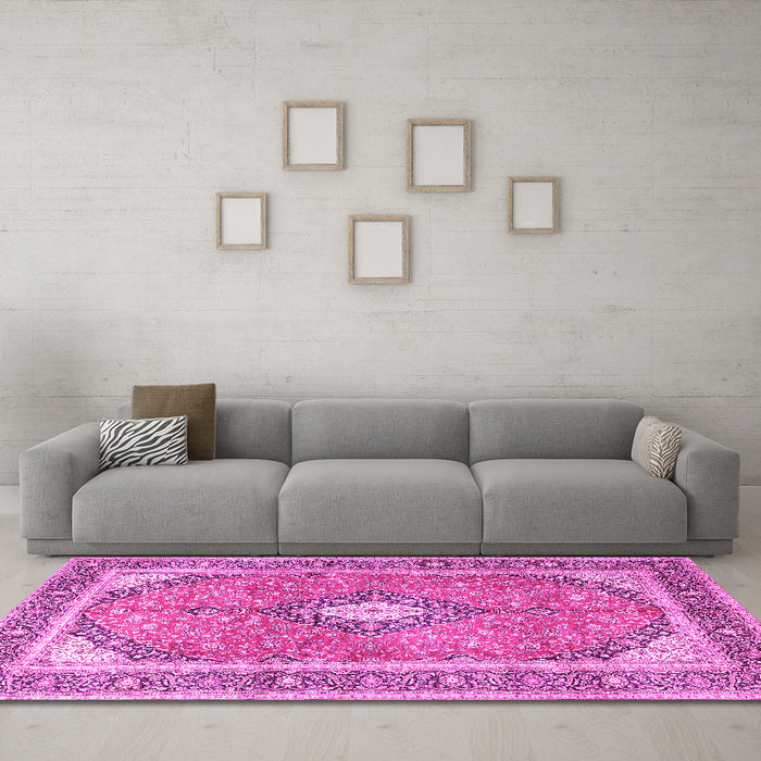 Machine Washable Medallion Pink Traditional Rug in a Living Room, wshtr4786pnk
