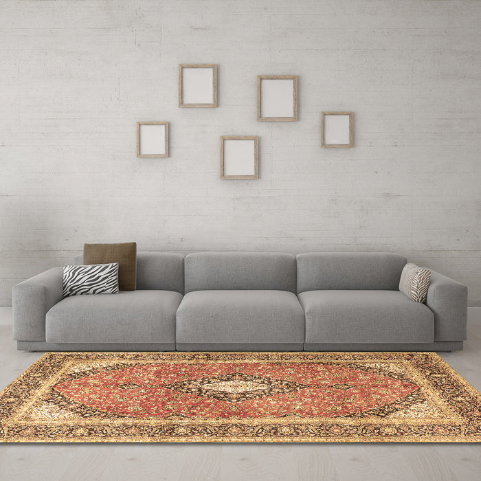 Machine Washable Medallion Brown Traditional Rug in a Living Room,, wshtr4786brn