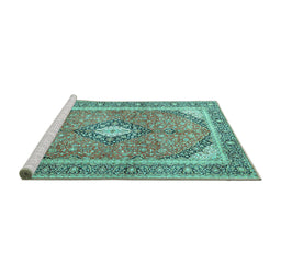 Sideview of Machine Washable Medallion Turquoise Traditional Area Rugs, wshtr4786turq