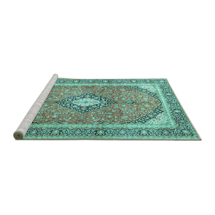 Sideview of Machine Washable Medallion Turquoise Traditional Area Rugs, wshtr4786turq