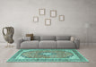 Machine Washable Medallion Turquoise Traditional Area Rugs in a Living Room,, wshtr4786turq