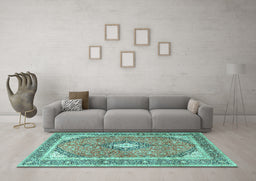 Machine Washable Medallion Turquoise Traditional Area Rugs in a Living Room,, wshtr4786turq