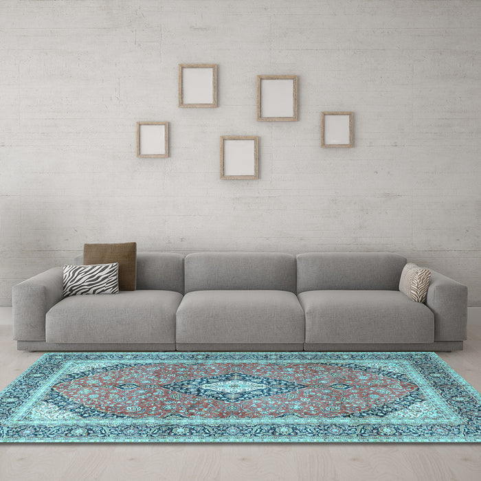 Machine Washable Medallion Light Blue Traditional Rug in a Living Room, wshtr4786lblu