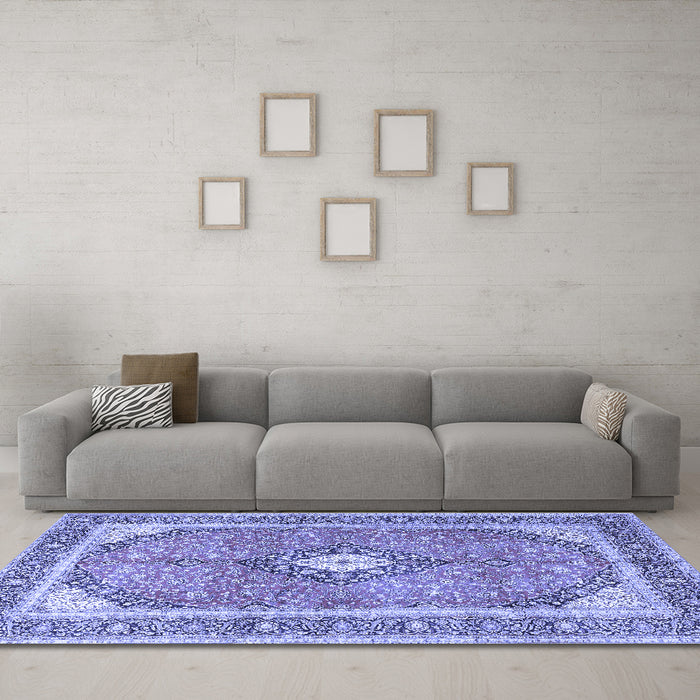 Machine Washable Medallion Blue Traditional Rug in a Living Room, wshtr4786blu