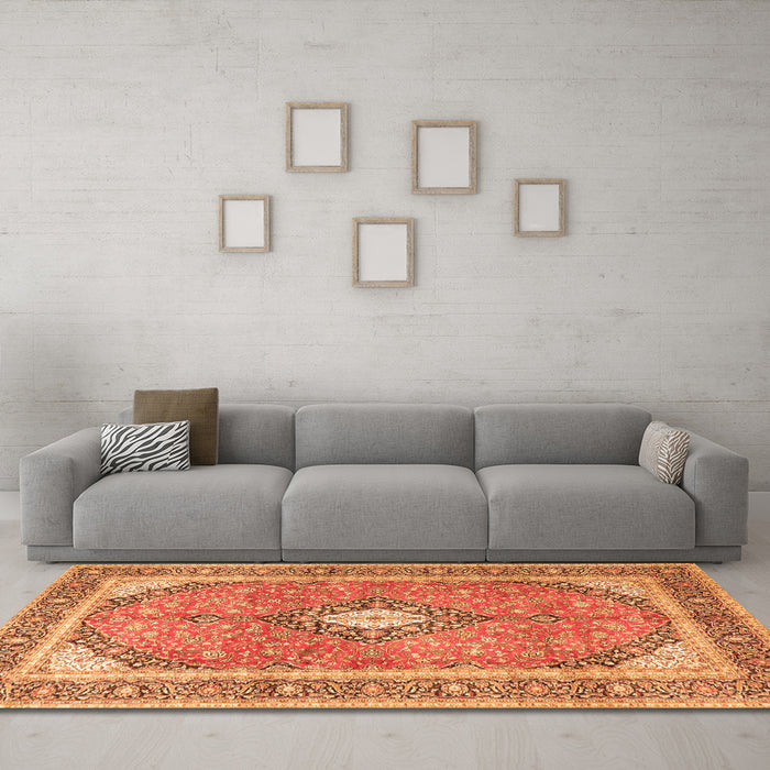 Machine Washable Medallion Orange Traditional Area Rugs in a Living Room, wshtr4786org
