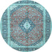 Round Machine Washable Medallion Light Blue Traditional Rug, wshtr4786lblu