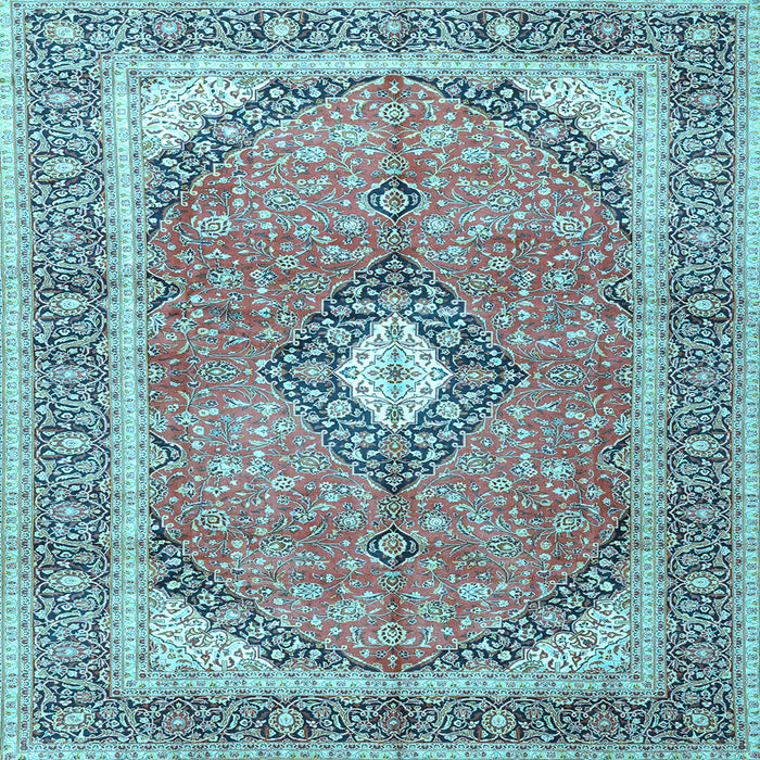 Square Machine Washable Medallion Light Blue Traditional Rug, wshtr4786lblu