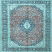 Square Machine Washable Medallion Light Blue Traditional Rug, wshtr4786lblu