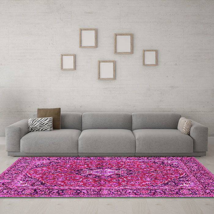 Machine Washable Oriental Pink Traditional Rug in a Living Room, wshtr4787pnk