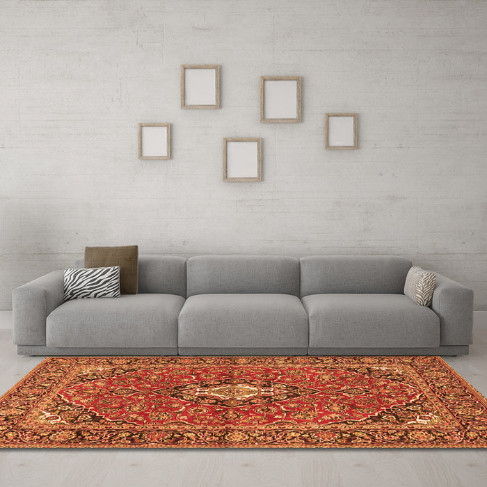 Machine Washable Oriental Orange Traditional Area Rugs in a Living Room, wshtr4787org
