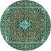 Round Machine Washable Oriental Turquoise Traditional Area Rugs, wshtr4787turq