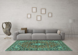 Machine Washable Oriental Turquoise Traditional Area Rugs in a Living Room,, wshtr4787turq