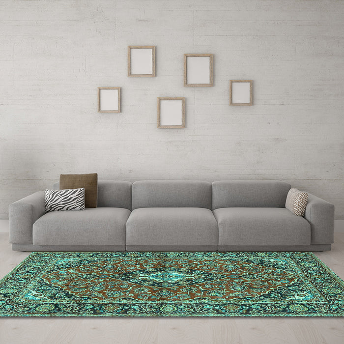 Machine Washable Oriental Turquoise Traditional Area Rugs in a Living Room,, wshtr4787turq