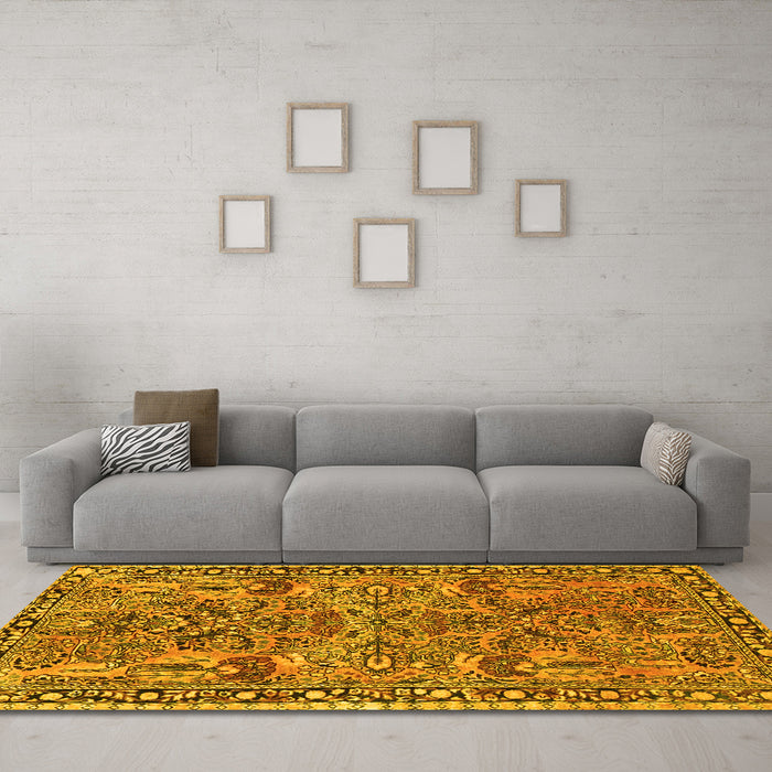 Machine Washable Oriental Yellow Traditional Rug in a Living Room, wshtr4789yw