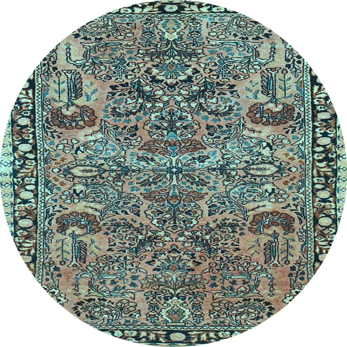 Round Machine Washable Oriental Light Blue Traditional Rug, wshtr4789lblu