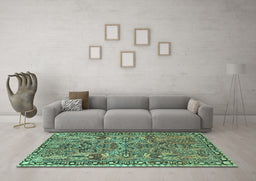 Machine Washable Oriental Turquoise Traditional Area Rugs in a Living Room,, wshtr4789turq