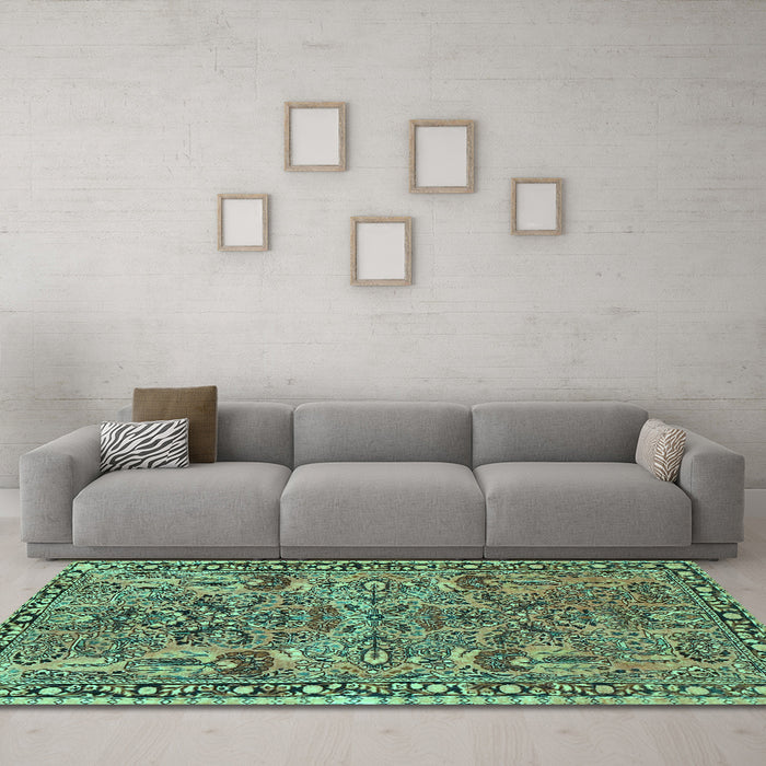 Machine Washable Oriental Turquoise Traditional Area Rugs in a Living Room,, wshtr4789turq