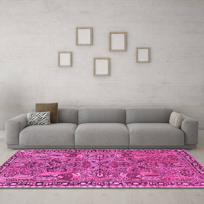 Machine Washable Oriental Pink Traditional Rug in a Living Room, wshtr4789pnk