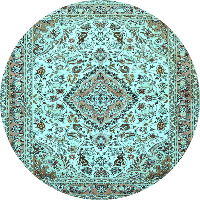 Round Machine Washable Medallion Light Blue Traditional Rug, wshtr4790lblu