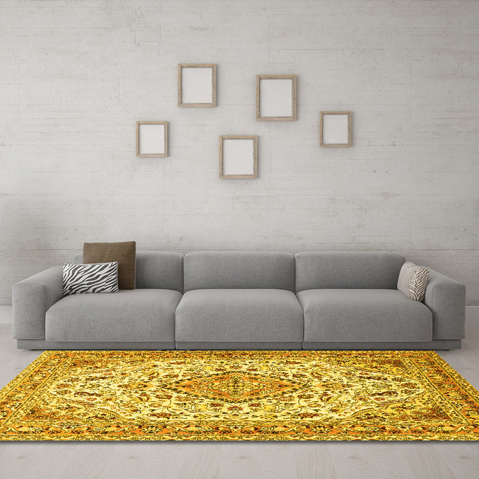 Machine Washable Medallion Yellow Traditional Rug in a Living Room, wshtr4790yw