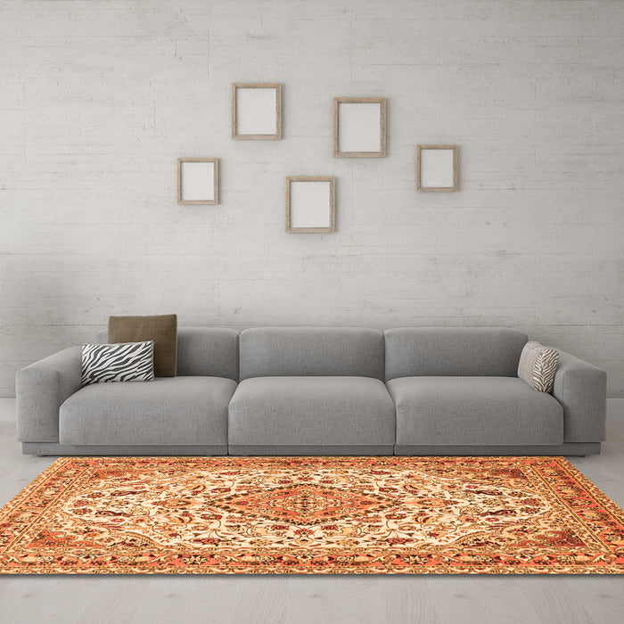 Machine Washable Medallion Orange Traditional Area Rugs in a Living Room, wshtr4790org