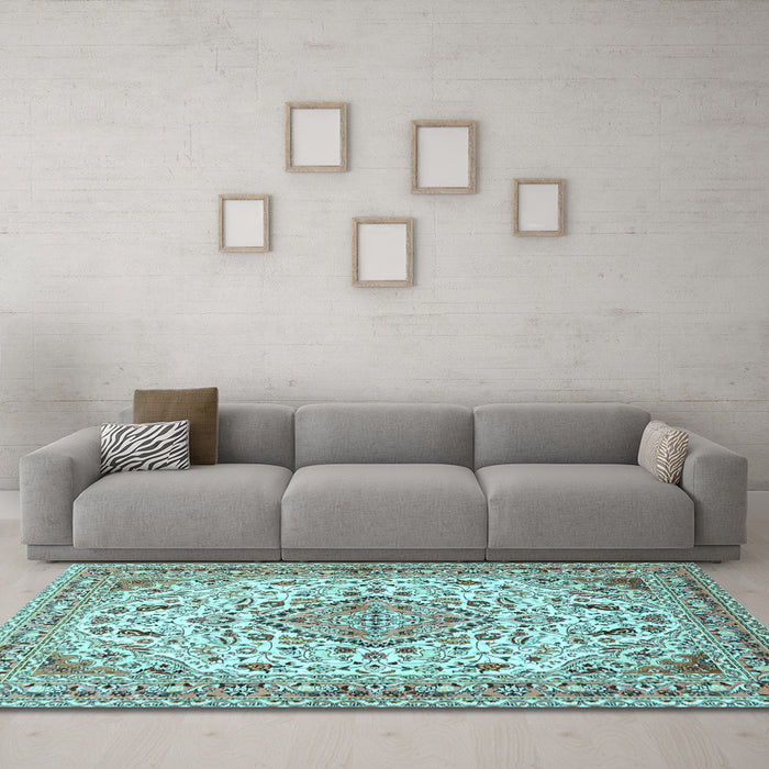 Machine Washable Medallion Light Blue Traditional Rug in a Living Room, wshtr4790lblu