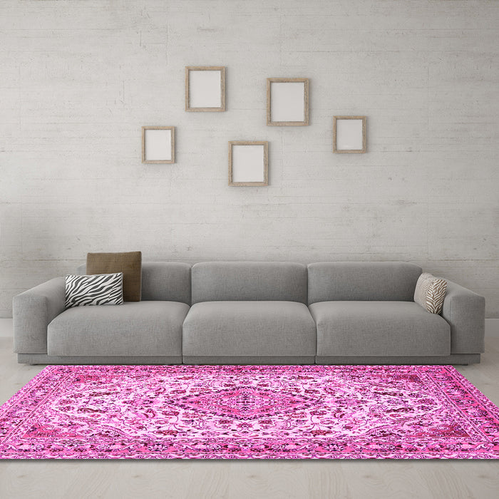 Machine Washable Medallion Pink Traditional Rug in a Living Room, wshtr4790pnk