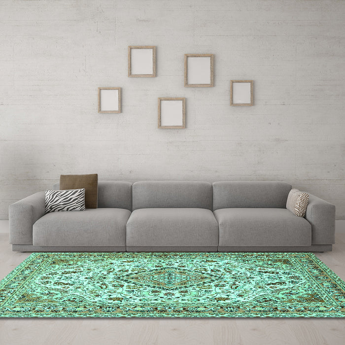 Machine Washable Medallion Turquoise Traditional Area Rugs in a Living Room,, wshtr4790turq
