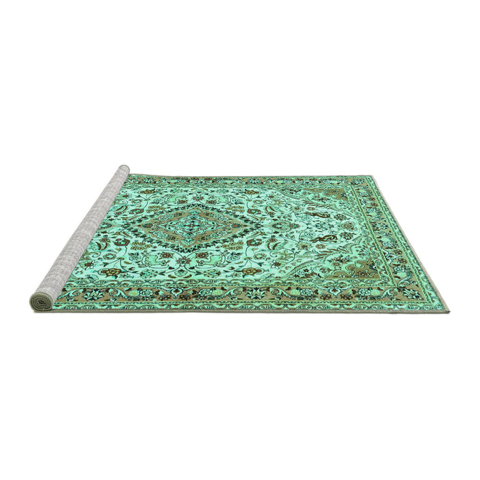 Sideview of Machine Washable Medallion Turquoise Traditional Area Rugs, wshtr4790turq