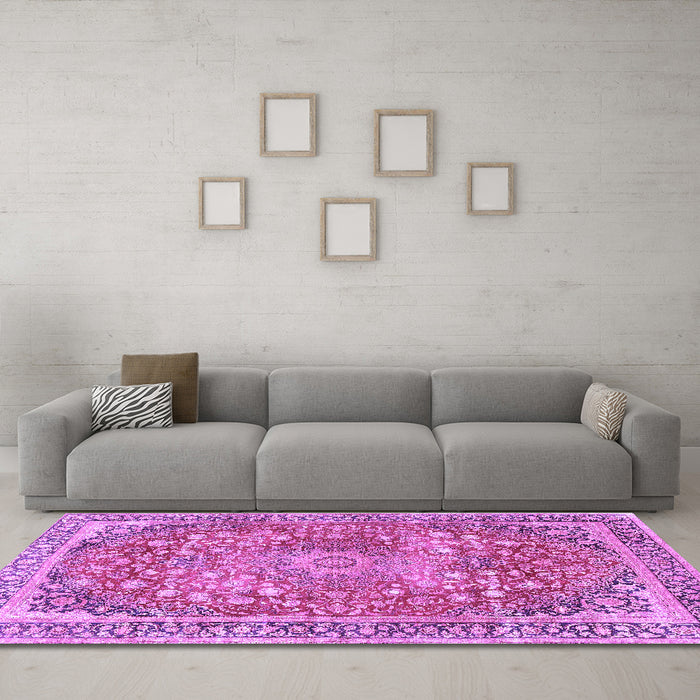 Machine Washable Medallion Purple Traditional Area Rugs in a Living Room, wshtr4791pur